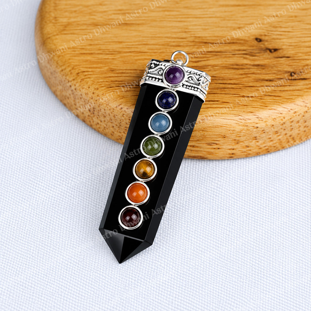 Black Obsidian Seven Chakra Stone Pendant - Abhimantrit & Certified