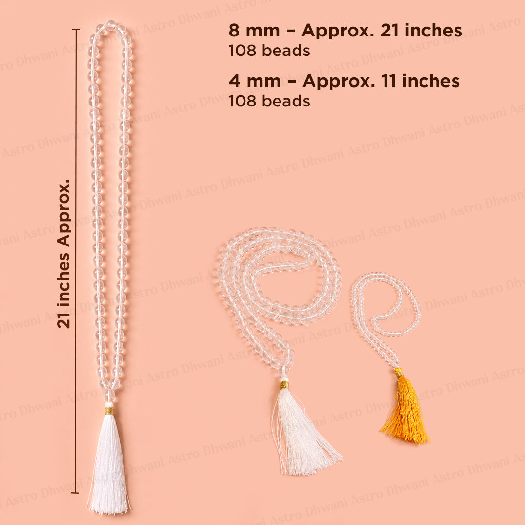 Clear Quartz Crystal Mala, 108 Beads, Meditation & Japa Necklace, Crown Chakra Prayer Mala