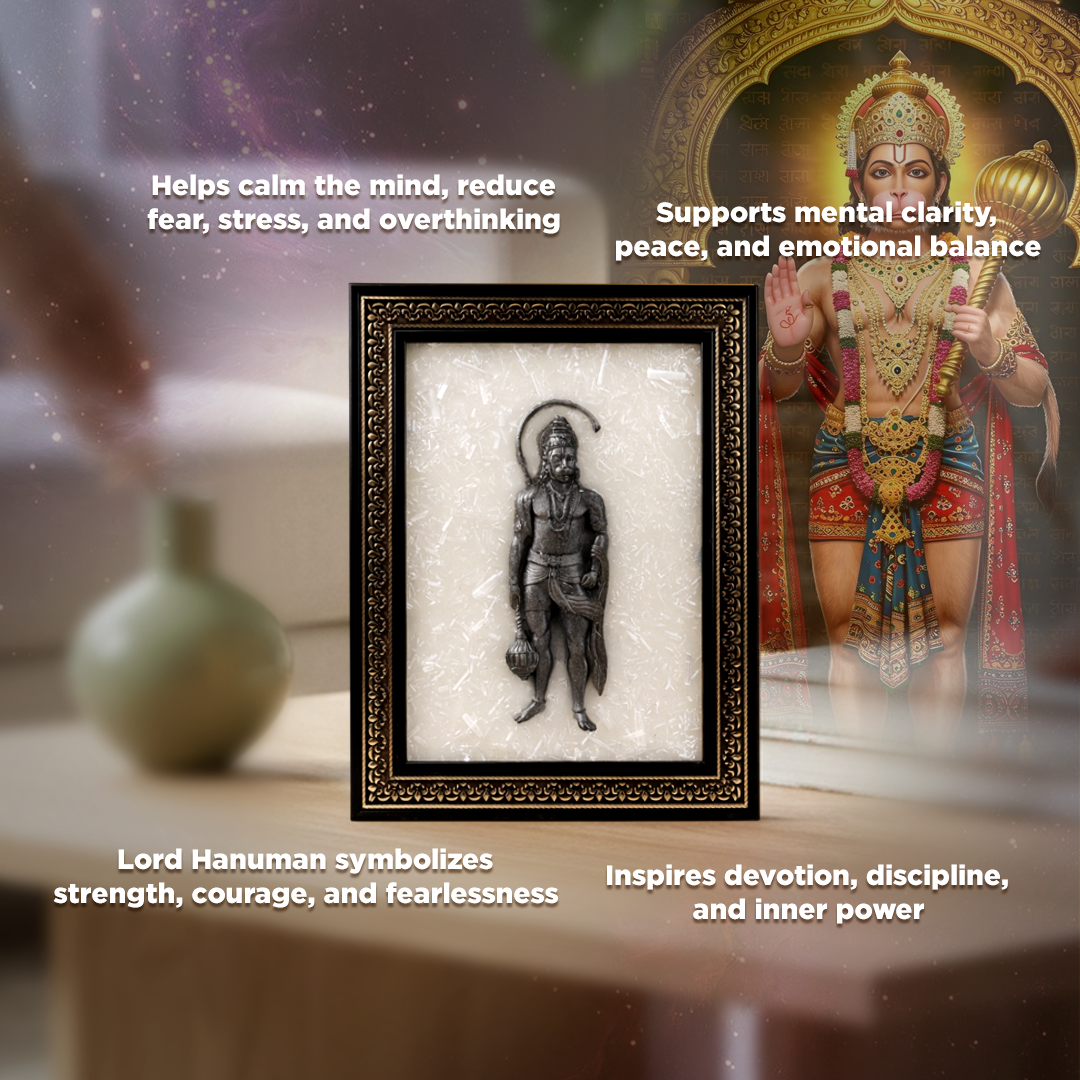 Framed statue of Lord Hanuman with descriptive text on a blurred background