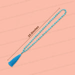 A strand of light blue prayer beads with a matching blue tassel, shown diagonally on a peach background with a measurement line indicating a length of 25.5 inches.