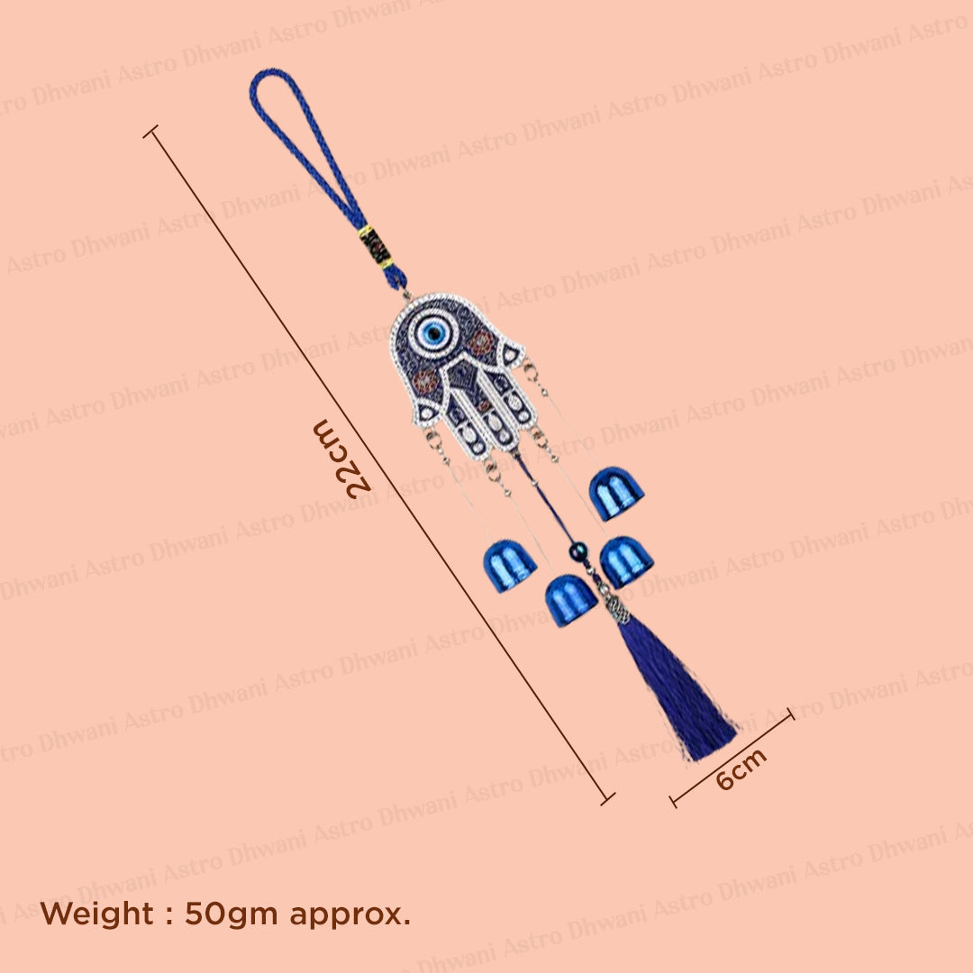 Small Hamsa Hand & Evil Eye Hanging with 5 Bells  – Abhimantrit