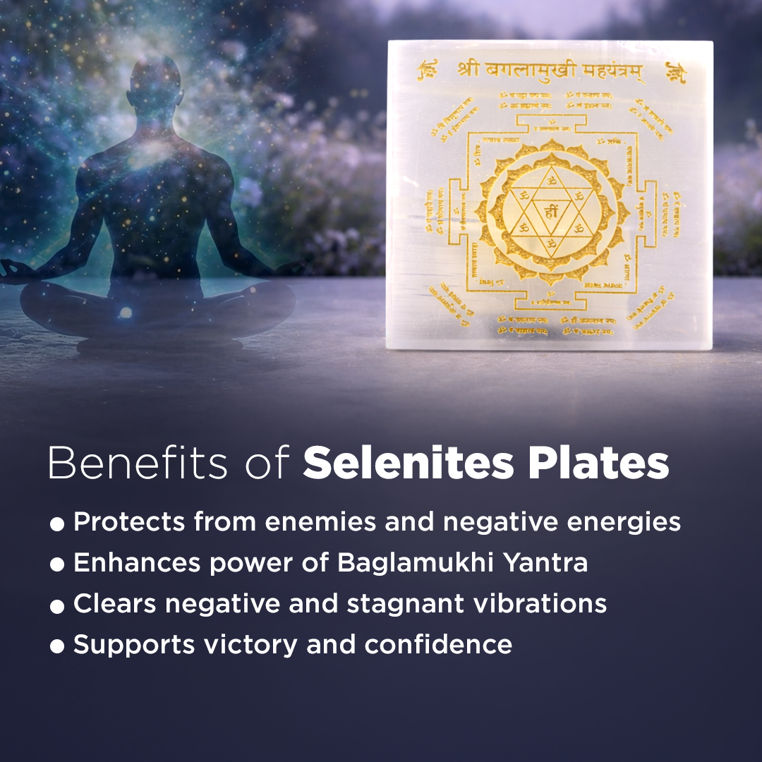 Selenites plate with Baglamukhi Yantra design on a dark background with a silhouette of a person meditating.प्रीमियम प्राकृतिक सेलेनाइट बगला मुखी महायंत्र- अभिमंत्रित