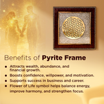 Pyrite frame with a flower of life symbol on a warm-toned background, featuring text about its benefits.