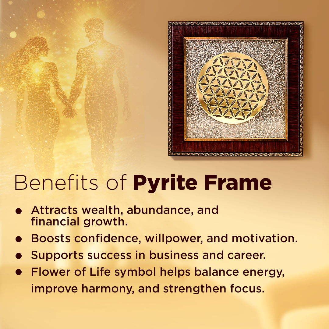 Pyrite frame with a flower of life symbol on a warm-toned background, featuring text about its benefits.Flower of Life Raw Pyrite Frame - Balance & Wealth Energy Frame