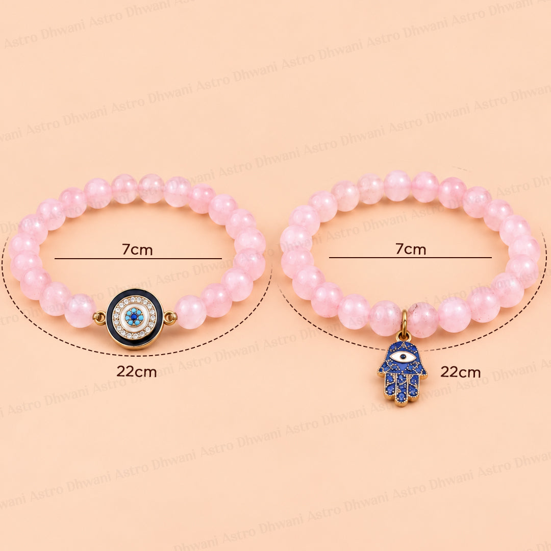 Rose Quartz Bracelet with Evil Eye & Hamsa Hand Charm Combo - Abhimantrit & Certified