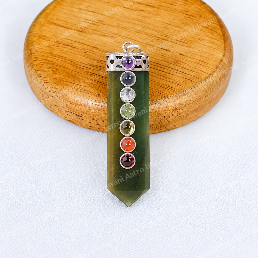 Green Jade Seven Chakra Stone Pendant - Abhimantrit & Certified