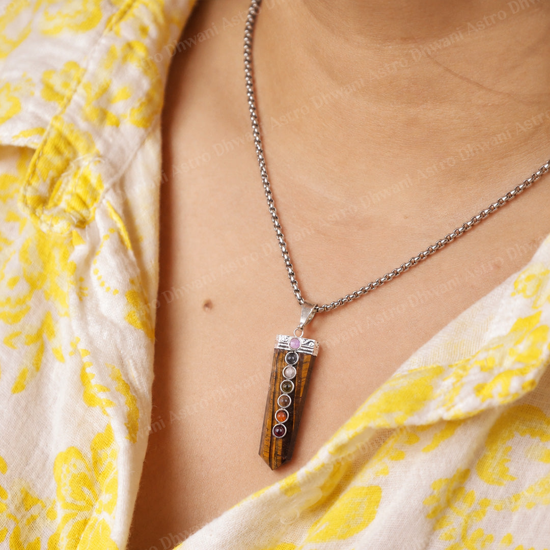 Tiger Eye Seven Chakra Stone Pendant - Abhimantrit & Certified