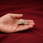 Hand holding a small shell against a red fabric background