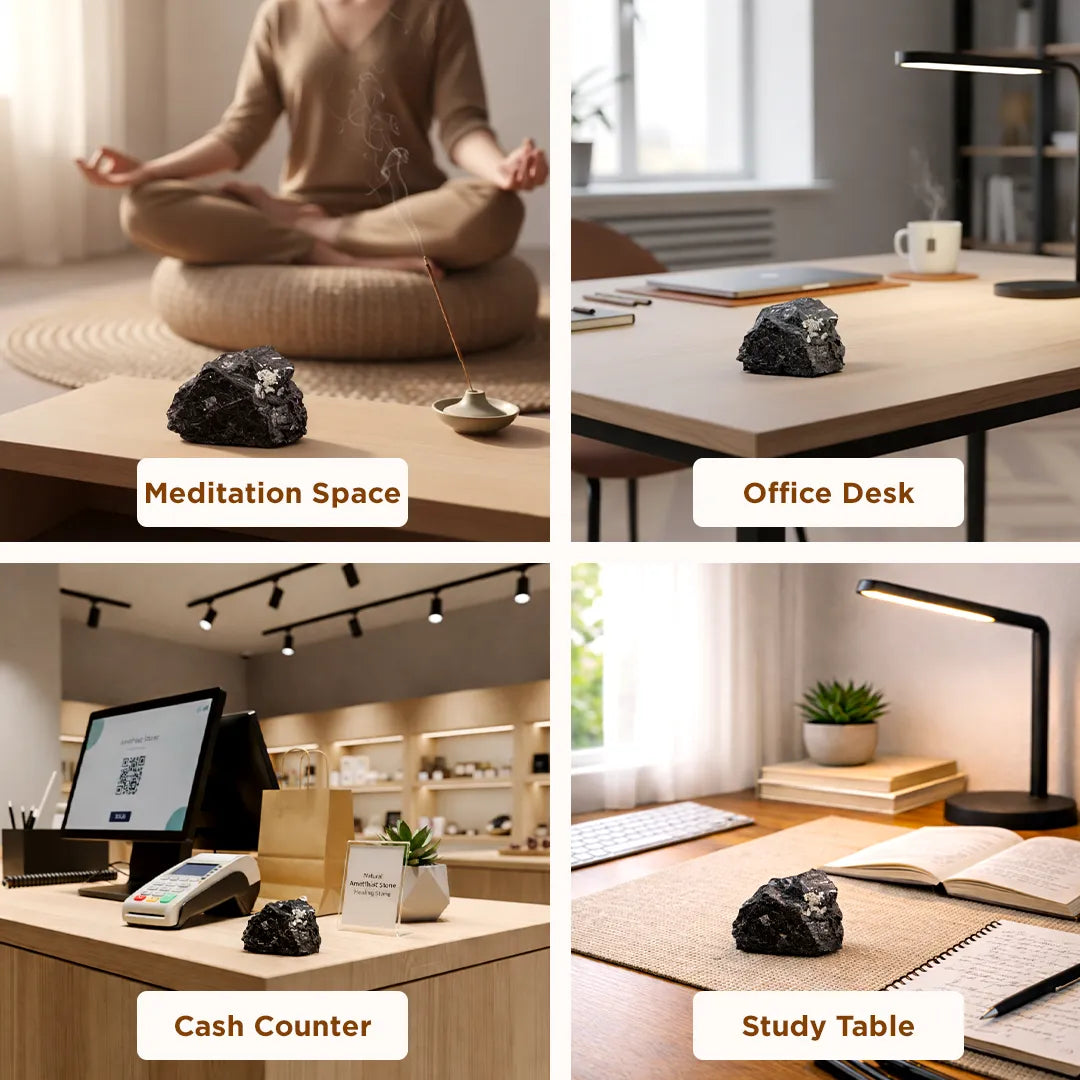 Four different settings with a black stone on a table labeled 'Meditation Space', 'Office Desk', 'Cash Counter', and 'Study Table'.
