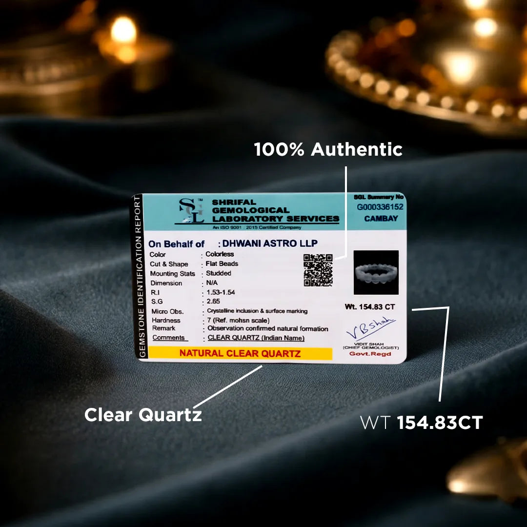 Certification label for a clear quartz stone on a dark fabric background with candles.Clear Quartz Emerald Cut Bracelet – Relief from Depression, Anger & Anxiety