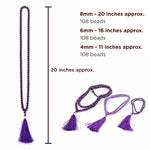 Purple beaded necklace with tassels and measurements on a white background