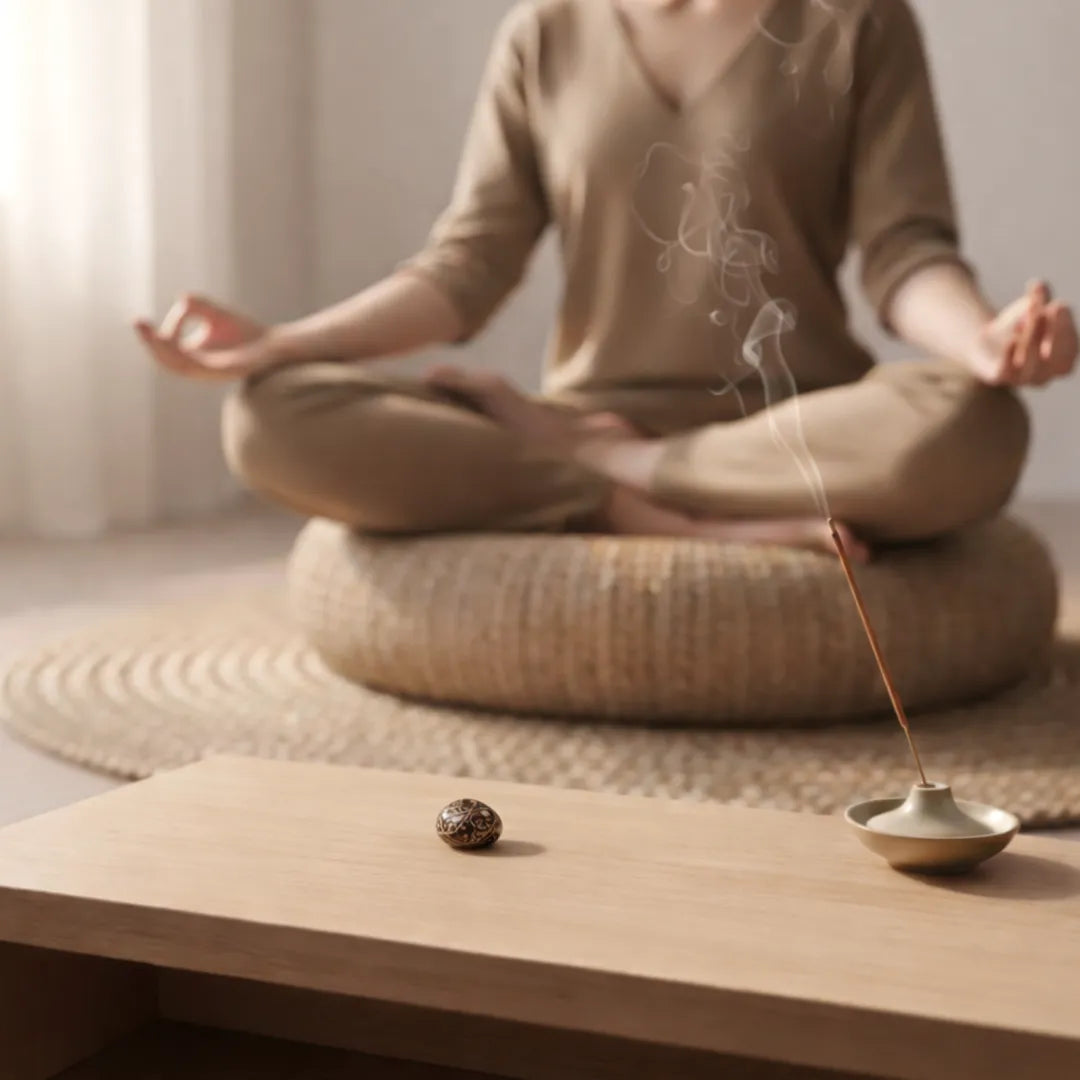 Person meditating with incense on a wooden tableMahe Mariyam Stone – Raw Protective Crystal for Energy Protection
