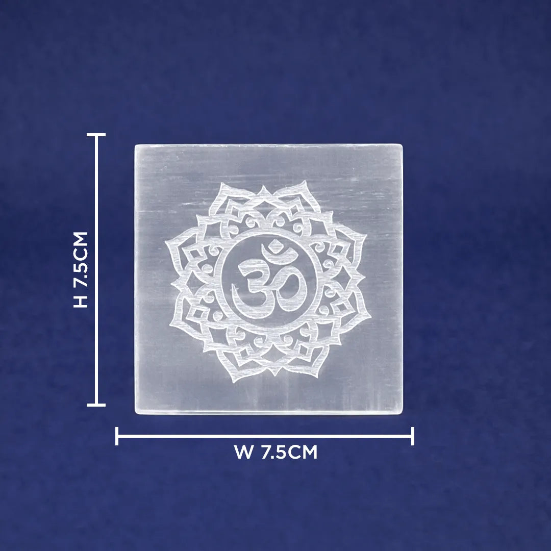 Square crystal with Om symbol and measurements on a blue background