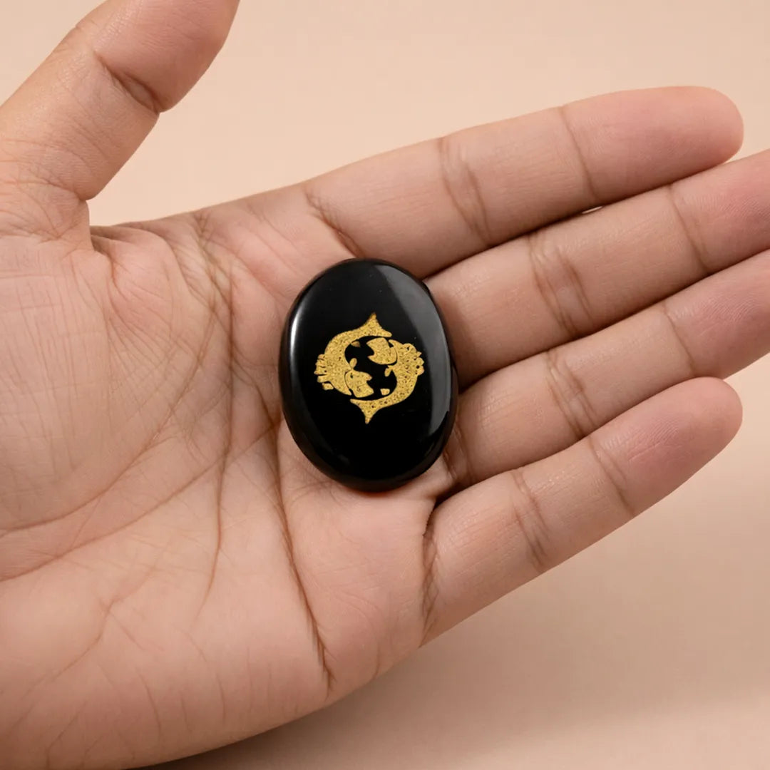 Black stone with a gold emblem held in a hand against a beige backgroundPisces Zodiac Sign Coin – Abhimantrit Astrology Coin for Peace