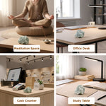 Four different settings with a green crystal on a wooden surface, labeled 'Meditation Space', 'Office Desk', 'Cash Counter', and 'Study Table'.