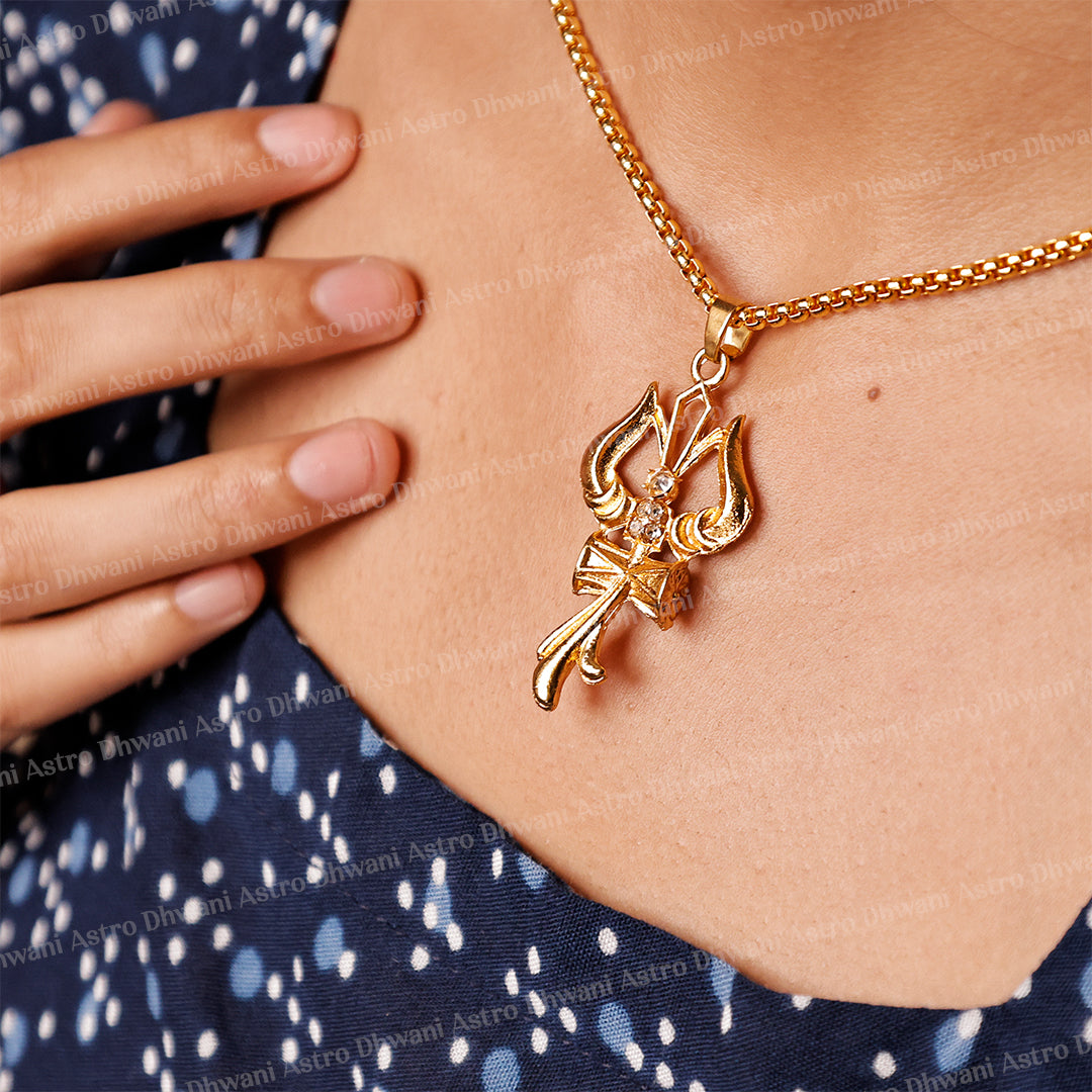 Gold Trishul with Damru Pendant  ( Blessing & Protection) - Abhimantrit