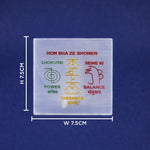 Transparent square object with text and symbols on a blue background