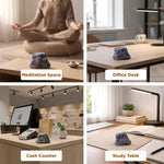 Four different settings with a blue stone on a surface labeled 'Meditation Space', 'Office Desk', 'Cash Counter', and 'Study Table'.