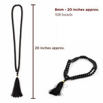 Black beaded necklace with tassels and measurements on a white background