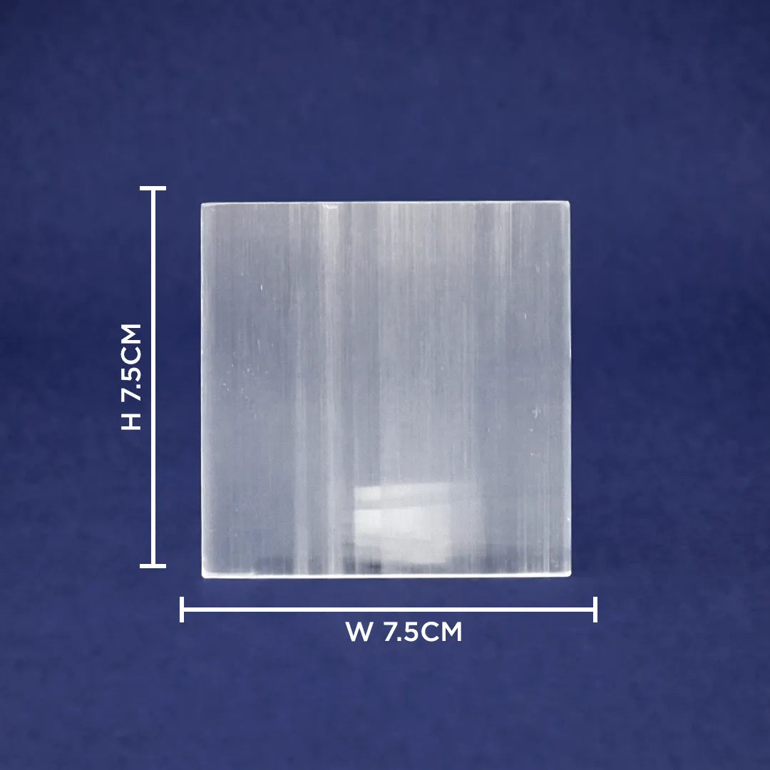 Clear rectangular block with dimensions labeled on a blue backgroundSelenite Plate – Square Energy Cleansing & Charging Plate