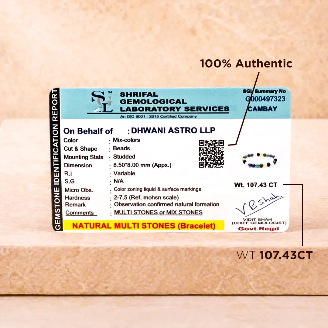 Shriful Gemological Laboratory Services certification label on a stone with '100% Authentic' text.Libra Zodiac Bracelet – Natural Multi Stone Bracelet for Balance – Abhimantrit