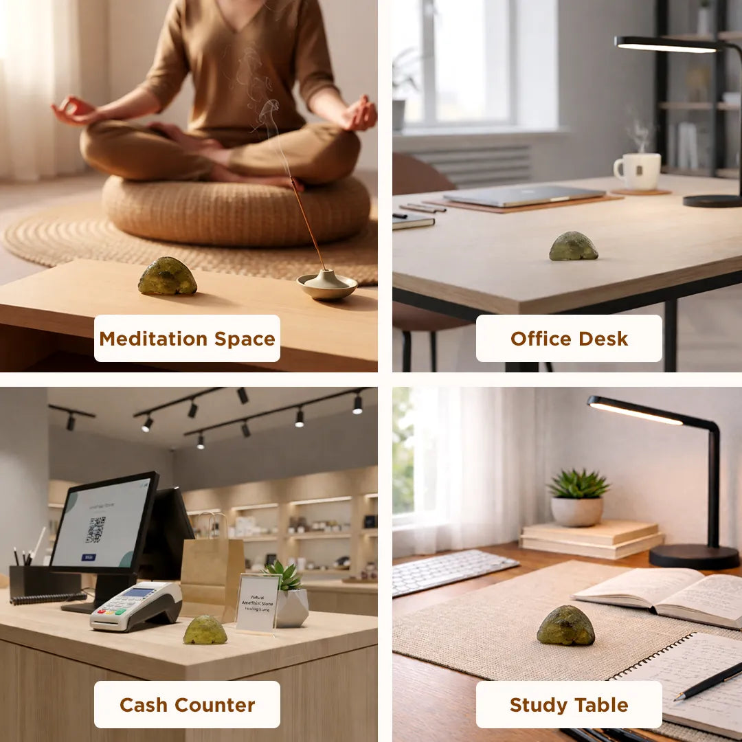 Collage of four different settings with a rock on a table labeled 'Meditation Space', 'Office Desk', 'Cash Counter', and 'Study Table'.