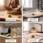 Collage of four different settings with a rock on a table labeled 'Meditation Space', 'Office Desk', 'Cash Counter', and 'Study Table'.