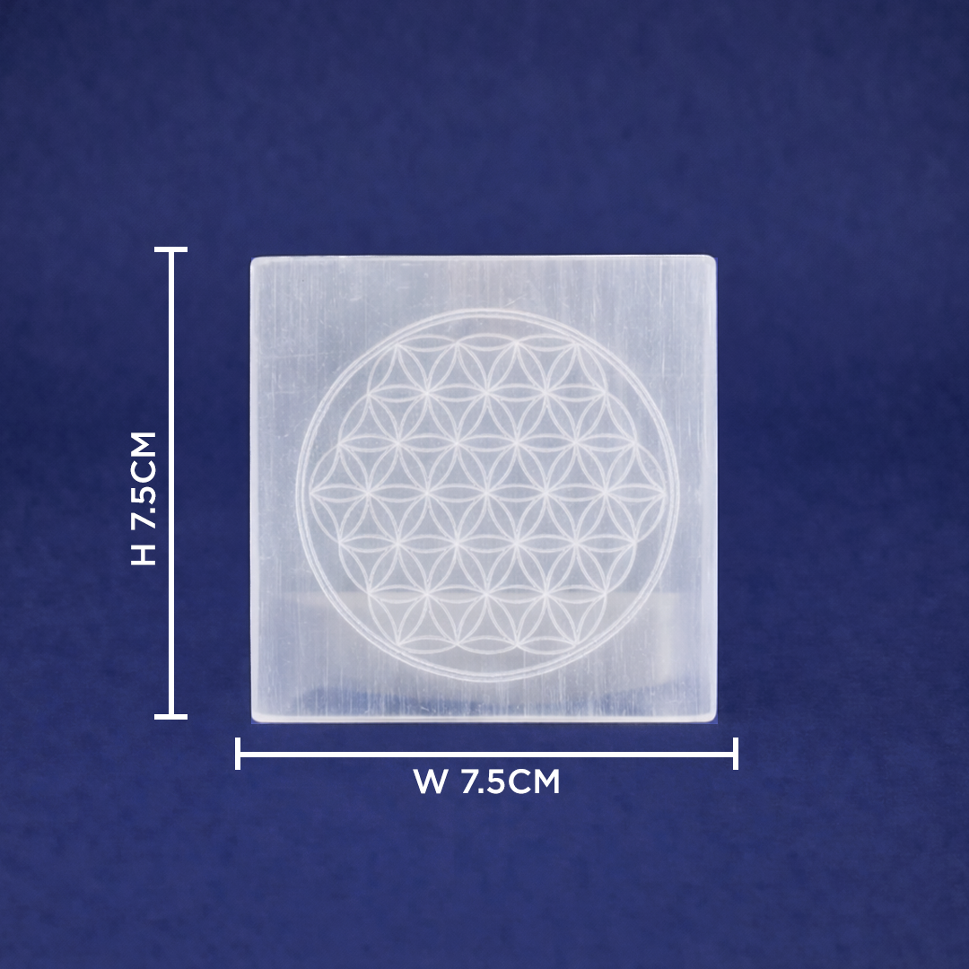 Square crystal with Flower of Life symbol and measurements on a blue background