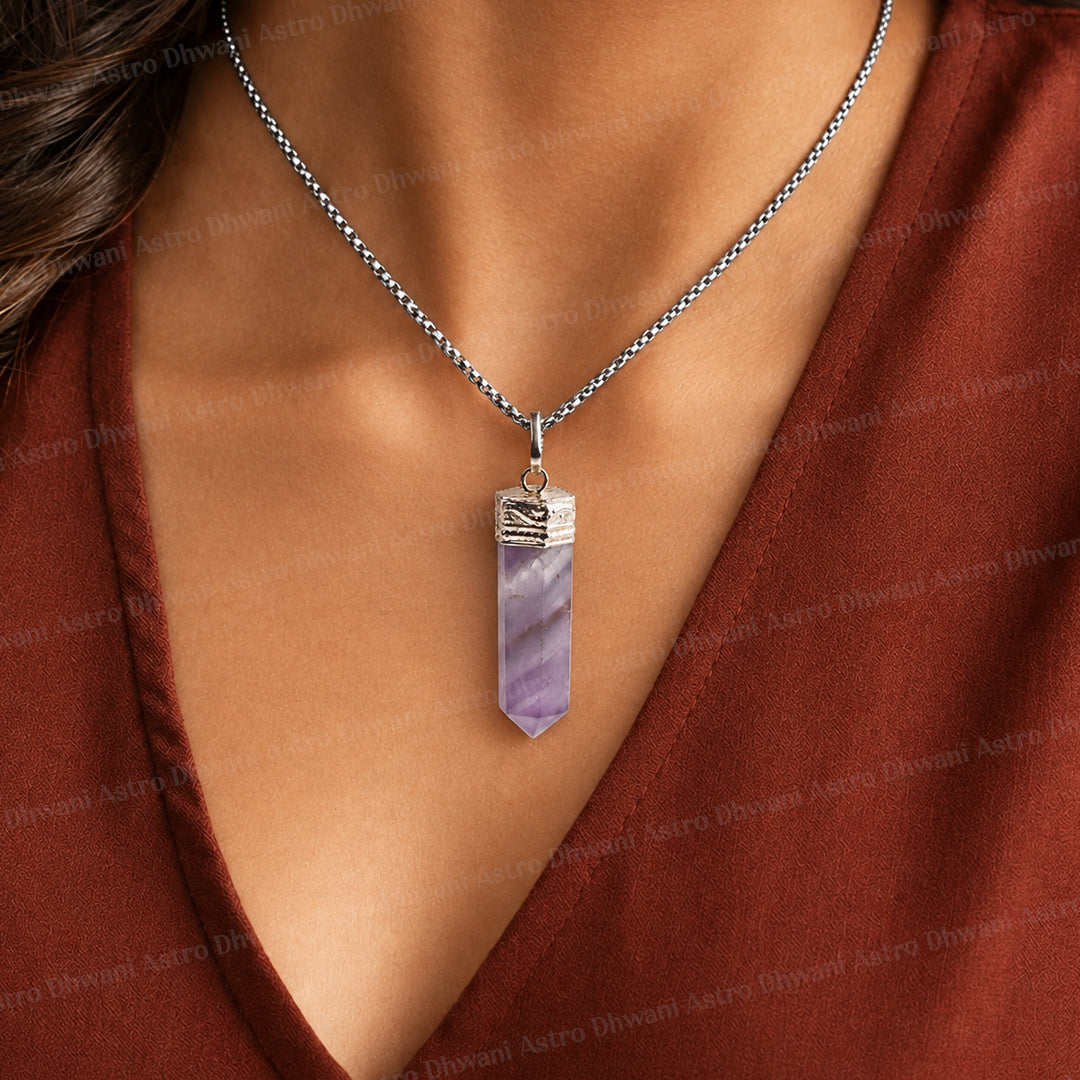 Attract Luck, Enhance Intuition, Improve Health & Skin: Amethyst Pencil Pendant - Abhimantrit & Certified