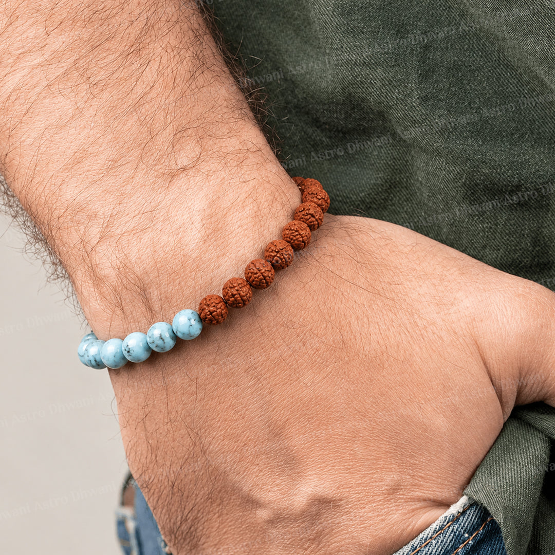 Enhance Immune & Communication: Turquoise with Rudraksha Bracelet - Abhimantrit & Certified