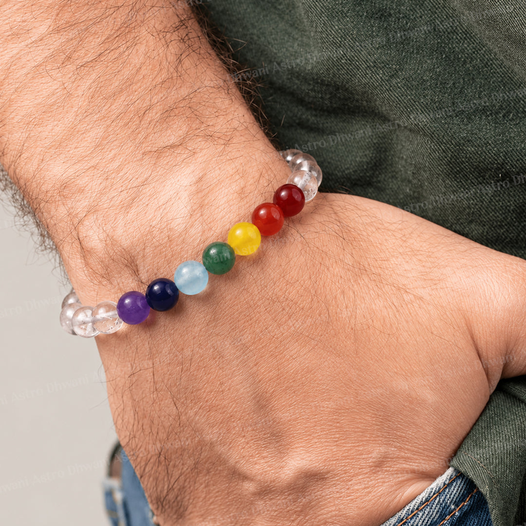 Clear Quartz with 7 Chakra Bracelet - Abhimantrit & Certified