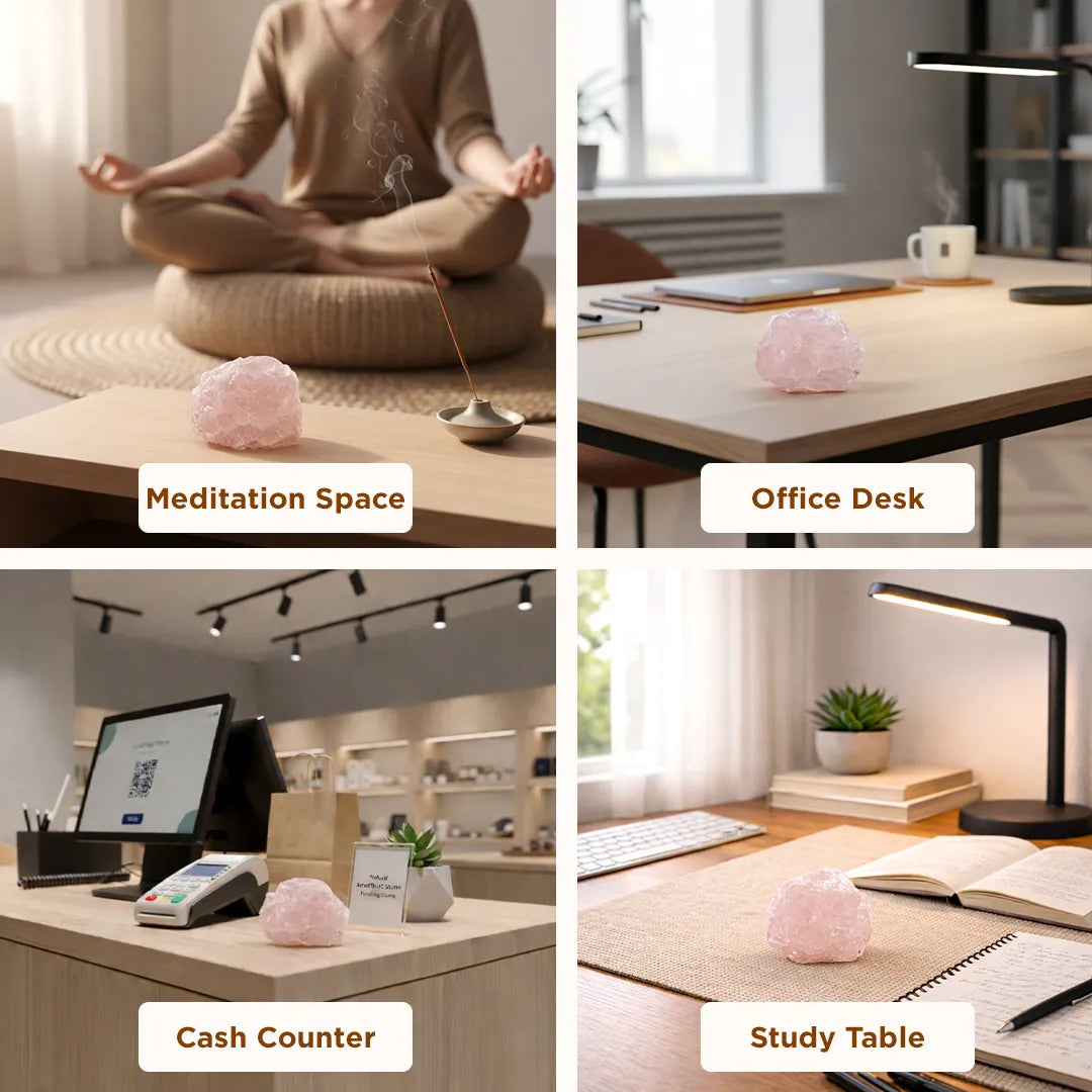 Collage of a pink crystal on different surfaces labeled 'Meditation Space', 'Office Desk', 'Cash Counter', and 'Study Table'.Rough Natural Rose Quartz – Raw Stone for Love & Emotional Healing