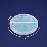 Measurement chart of a circular object with dimensions on a blue background