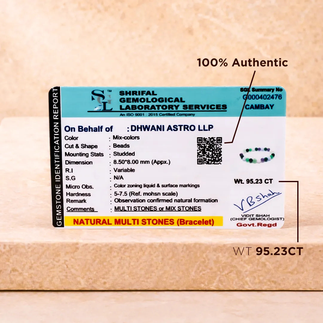 Shriful Gemological Laboratory Services certificate for a bracelet with natural multi-stones on a wooden background.