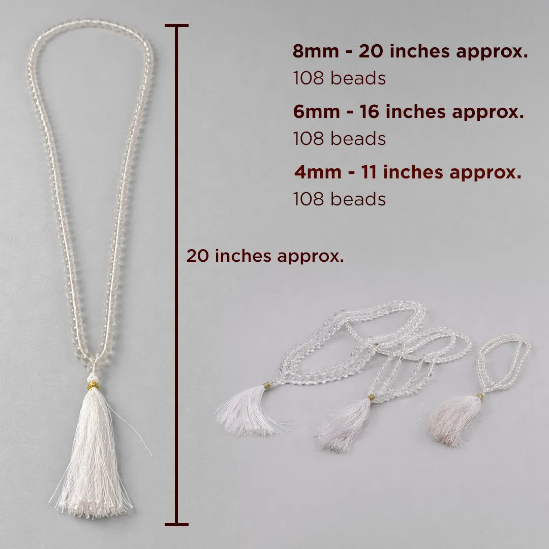 White beaded necklace with tassels and measurement details on a gray backgroundClear Quartz Crystal Mala – Master Healer Meditation