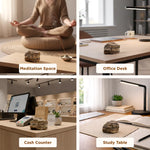 Four different settings with a rock on a table labeled 'Meditation Space', 'Office Desk', 'Cash Counter', and 'Study Table'.