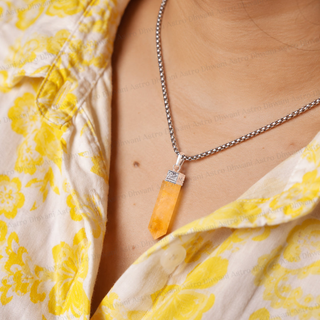 Fulfill Your Desires with Divine Blessings: Yellow Aventurine Pencil Pendant - Abhimantrit & Certified
