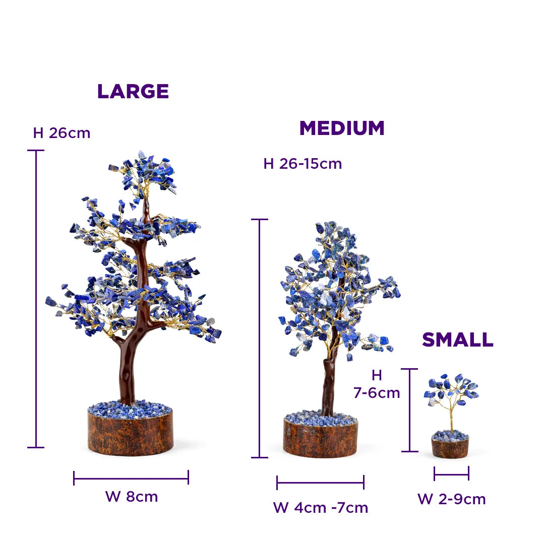 Three sizes of decorative trees with measurements on a white backgroundLapis Lazuli Crystal Tree – Wisdom, Communication & Confidence