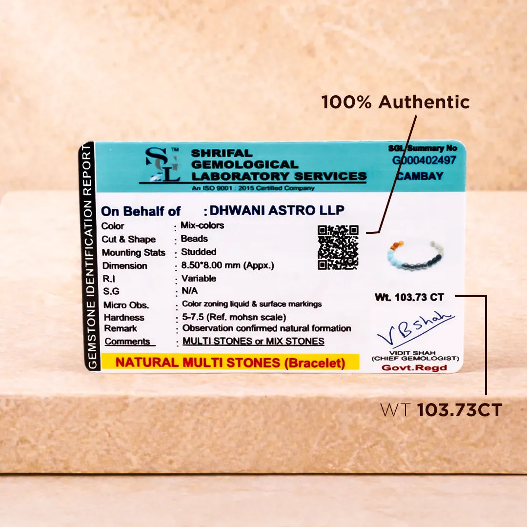 Shriful Gemological Laboratory Services certificate for a natural multi-stones bracelet on a wooden surface.