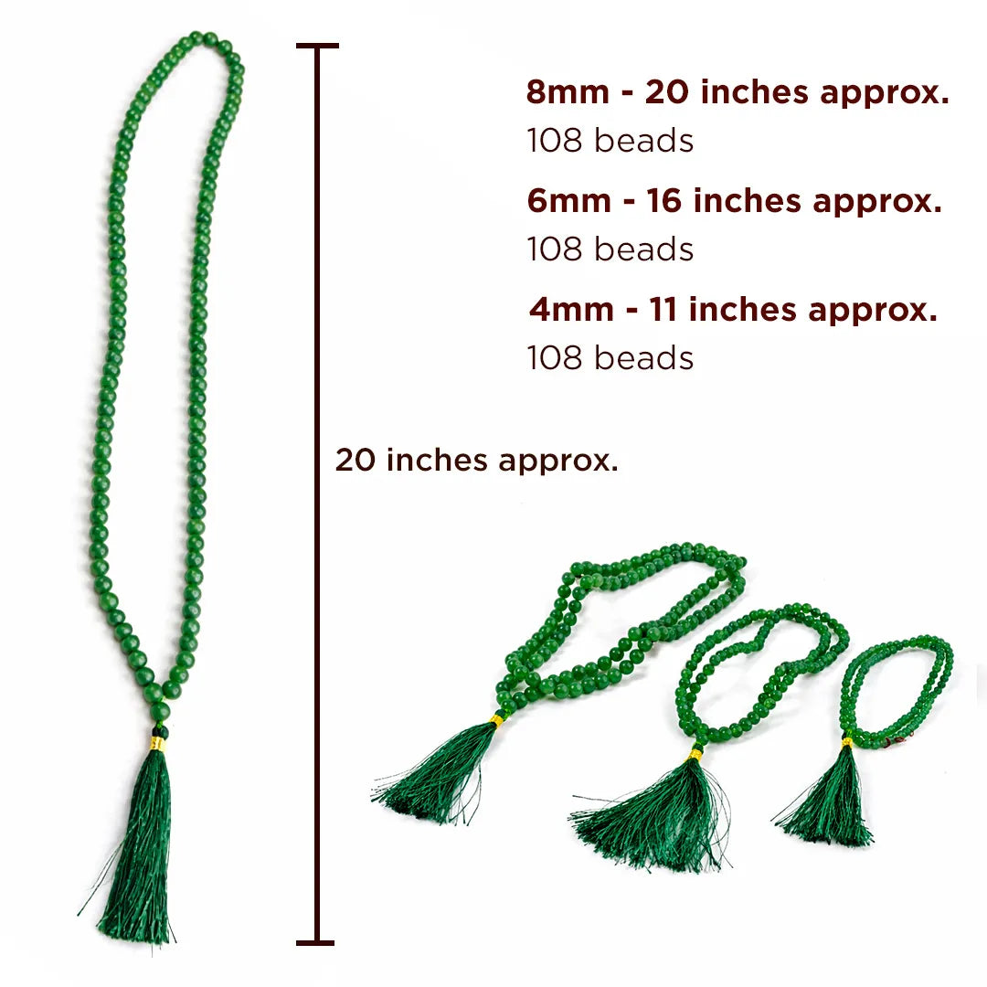 Green beaded necklace with tassels and measurements on a white backgroundGreen Aventurine Crystal Mala – Luck, Opportunity & Financial Growth
