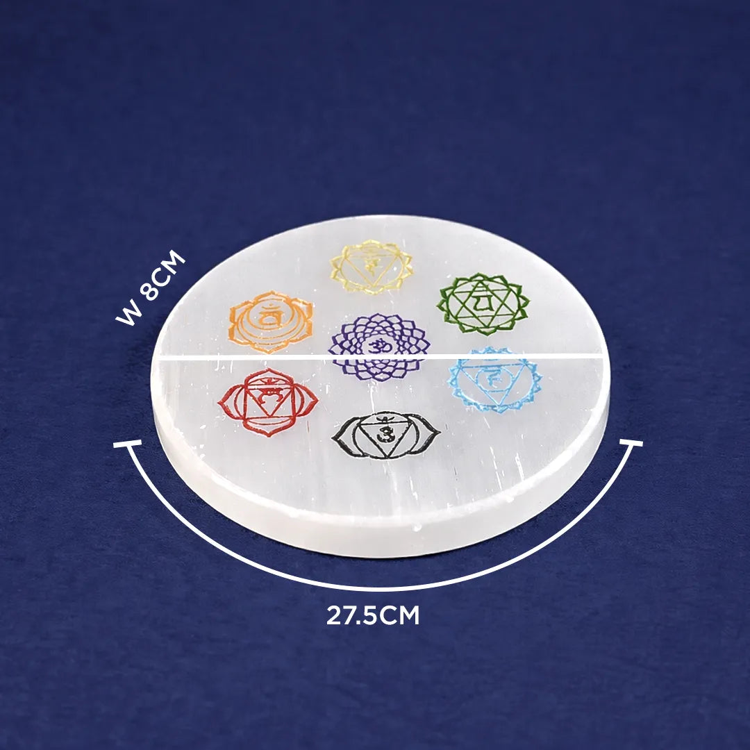 Circular plate with seven chakra symbols on a blue background7 Chakra Selenite Plate – Energy Balancing & Crystal Charging Plate (Round & Square Variants)