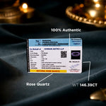 Certification label for rose quartz stone on a dark fabric background with decorative elements.