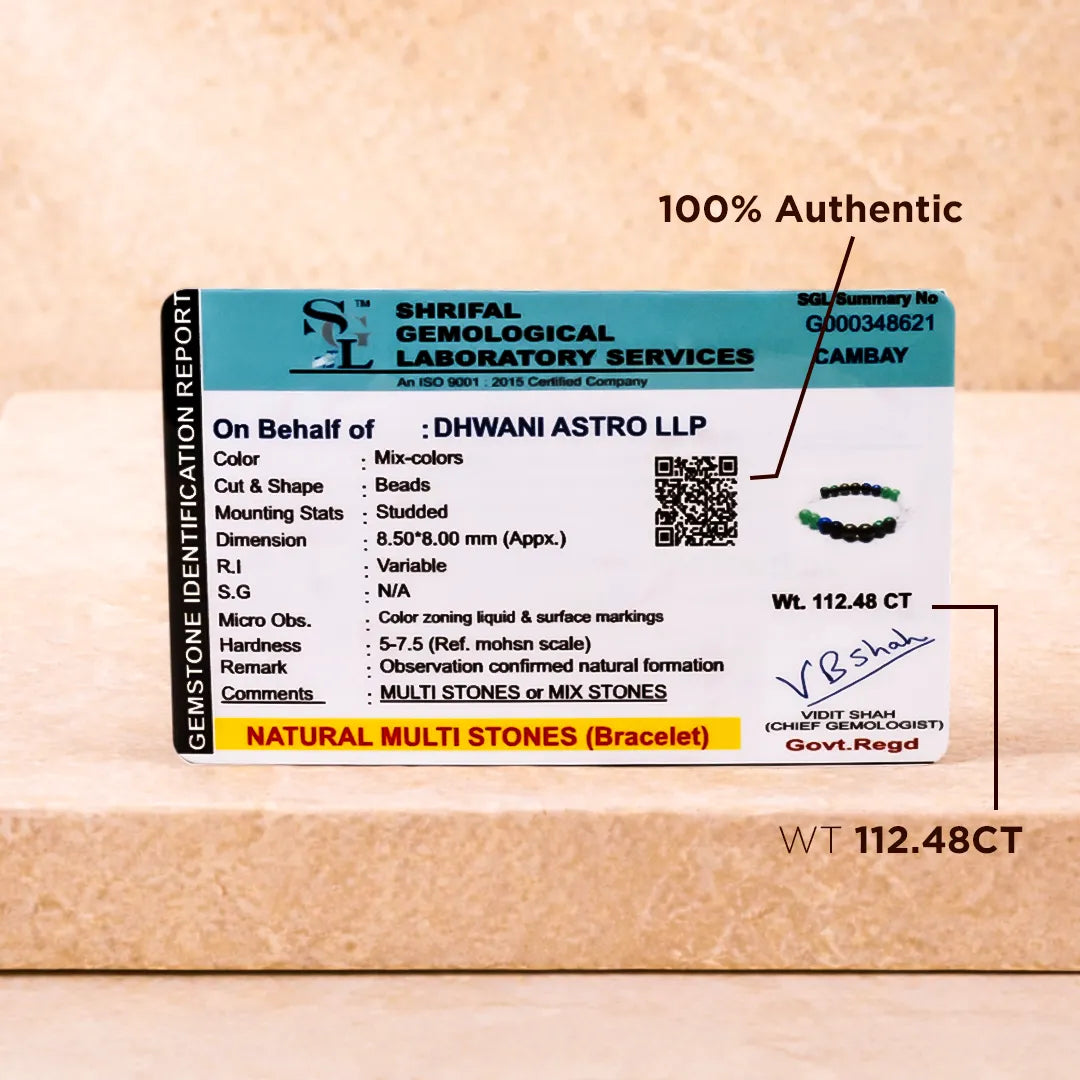 Shriful Gemological Laboratory Services certificate for a natural multi-stones bracelet on a wooden background.Taurus Zodiac Bracelet – Natural Multi Stone Bracelet – Abhimantrit & Energized