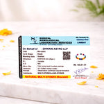 Shrifal Gemological Laboratory Services identification report on a white surface with yellow flowers.