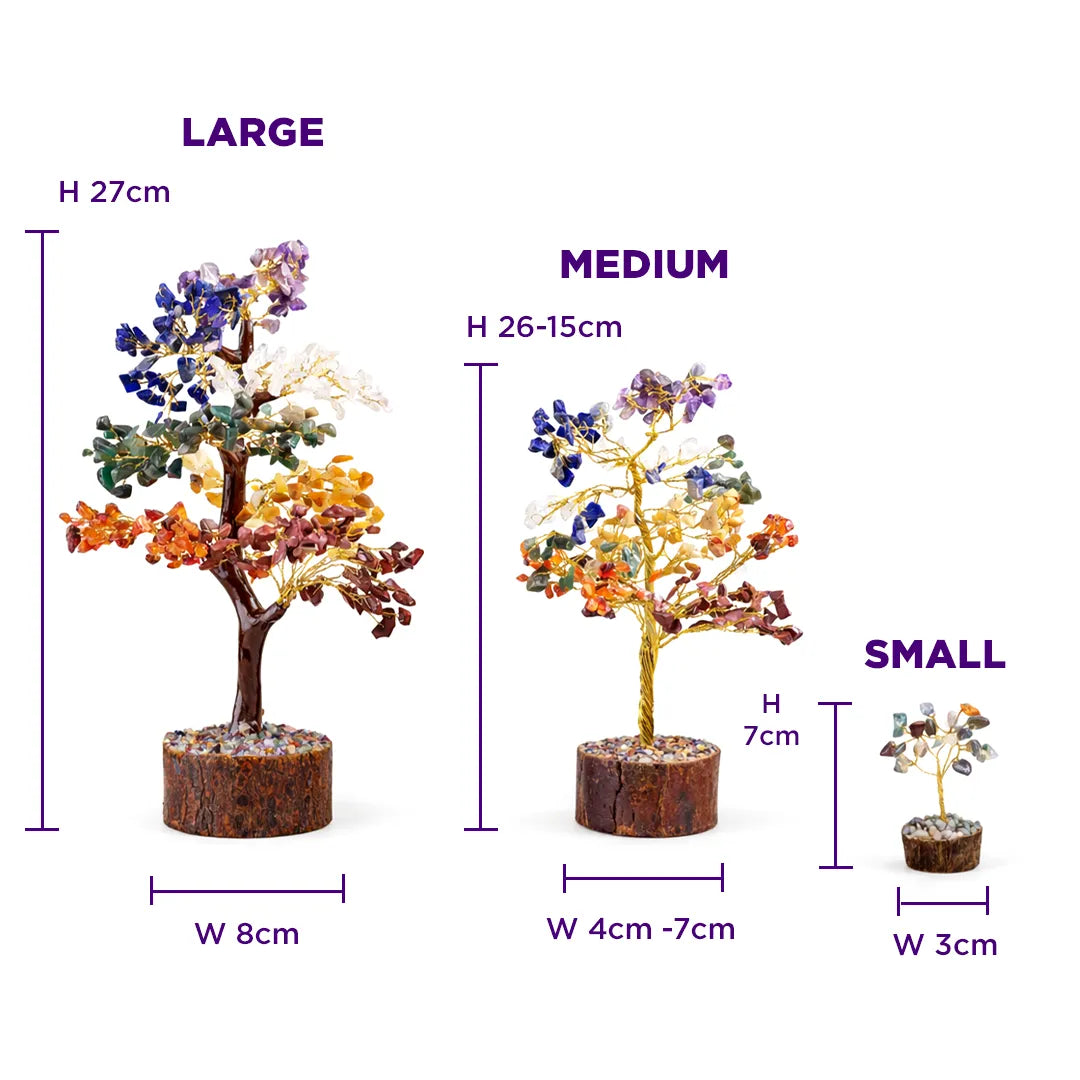 Three sizes of decorative trees with measurements on a white background