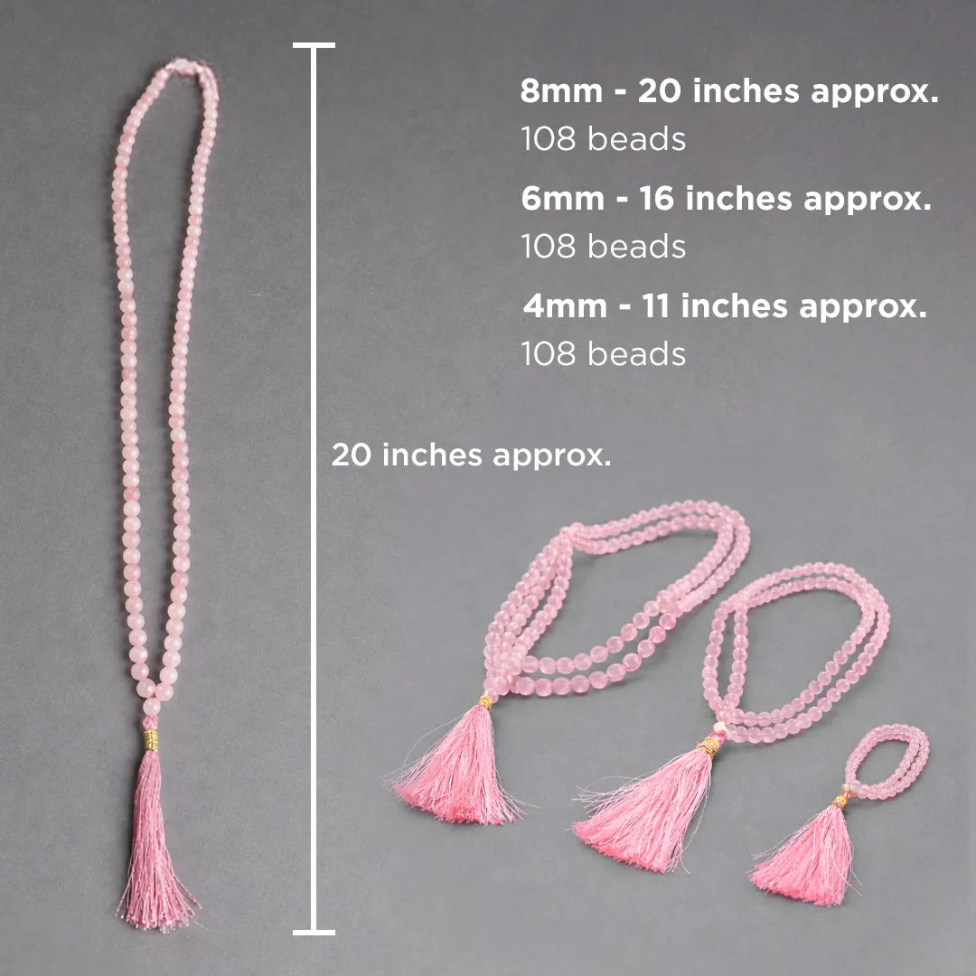 Pink beaded necklace with tassels and measurement details on a gray backgroundRose Quartz Crystal Mala – Love, Peace & Emotional Healing