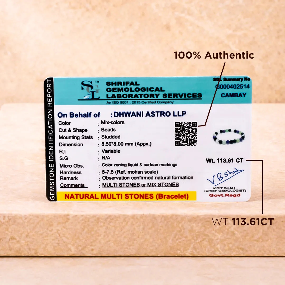 Shriful Gemological Laboratory Services certificate for a natural multi-stones bracelet on a wooden backgroundAquarius Zodiac Bracelet – Natural Multi Stone Bracelet for Creativity – Abhimantrit