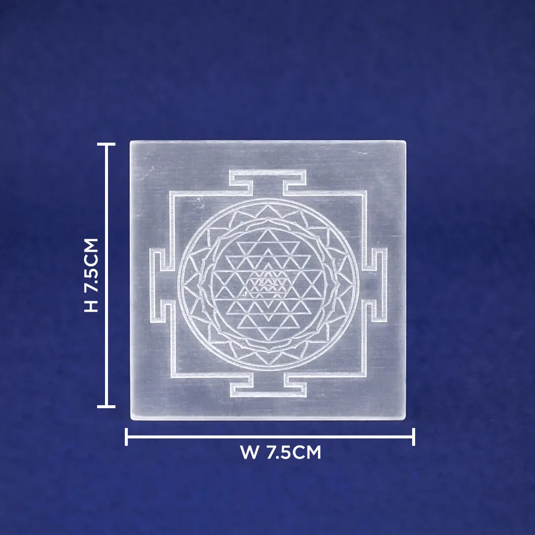 Square crystal with Sri Yantra design and measurements on a blue backgroundShri Yantra Selenite Plate – Crystal Charging & Cleansing