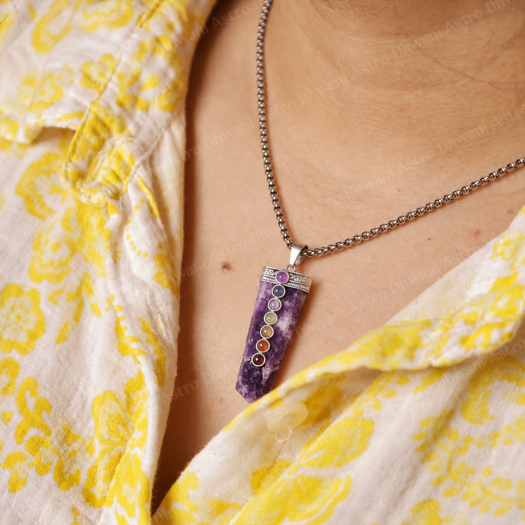 Lepidolite Seven Chakra Stone Pendant - Abhimantrit & Certified