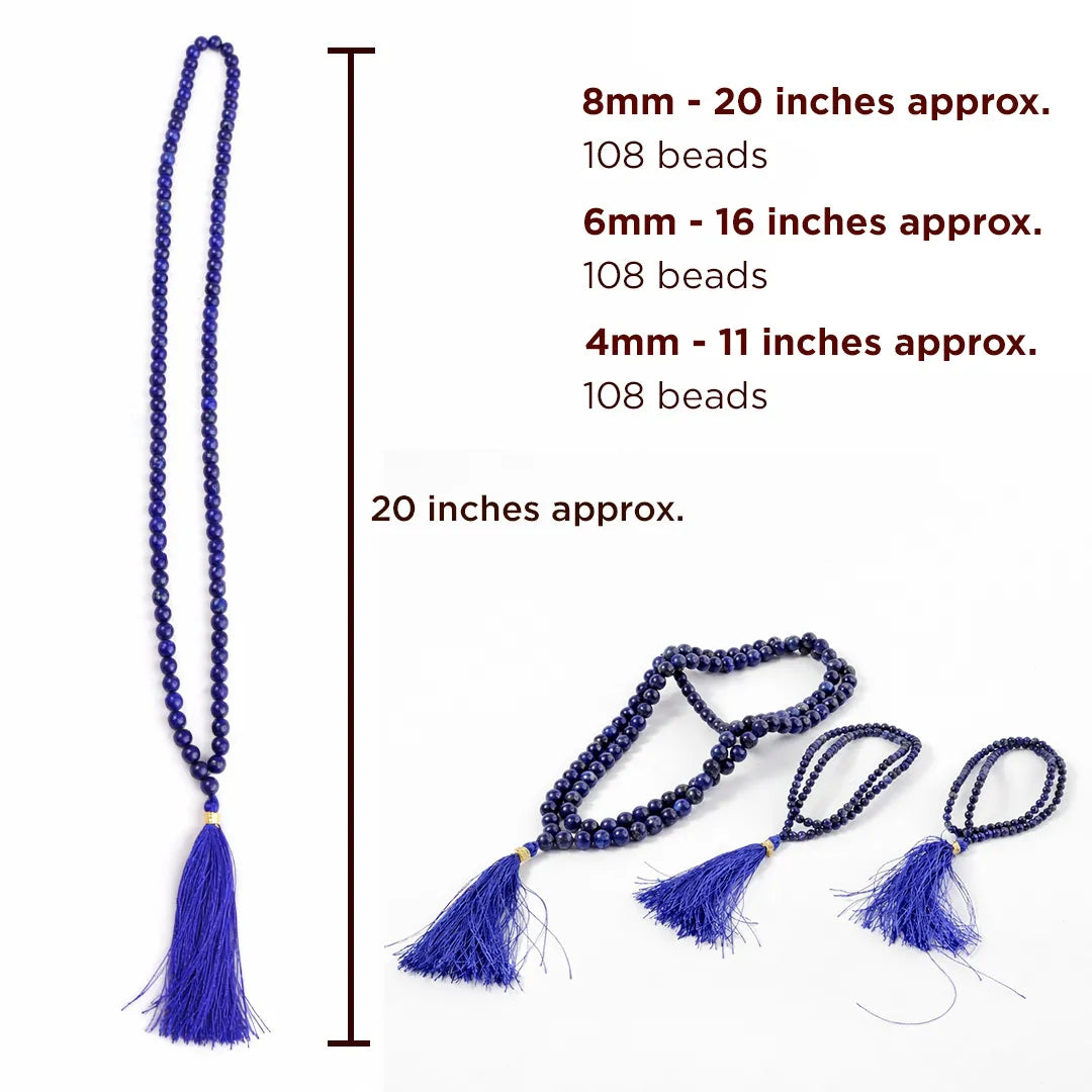 Blue beaded necklace with tassels and measurements on a white background